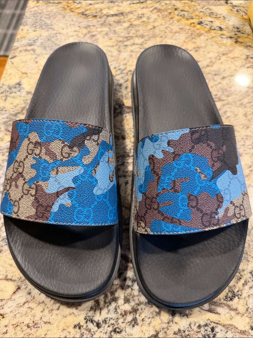 Gucci Black Slides with Blue and Brown Camouflage GG Strap